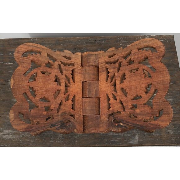 Carved Teak Wood Book Holder Stand Towels Napkins Cookbooks Vintage Floral Leaf - Picture 7 of 11